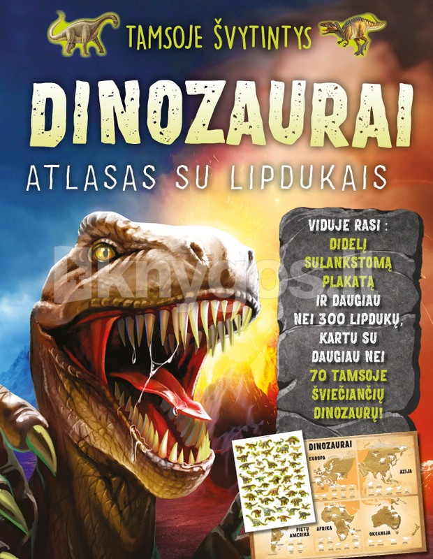 Tamsoje švytintys dinozaurai. Atlasas su lipdukais