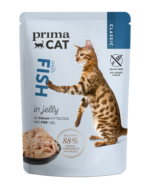 Konservuotas kačių ėdalas PRIMACAT Classics, žuvis drebučiuose, 85g