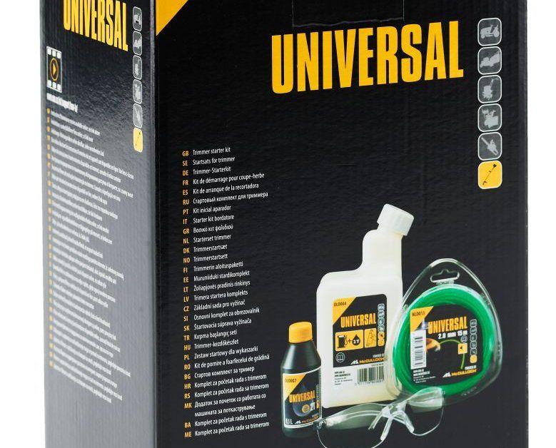 Žoliapjovės rinkinys UNIVERSAL, 0.1 l 2T alyva, akiniai, maišymo butelis ir 2mm lynelis