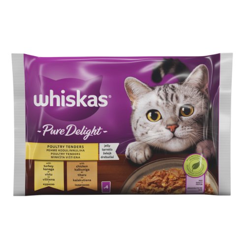 Konservuotas kačių ėdalas WHISKAS Pure Delight, su vištiena ir kalakutiena, suaugusioms katėms, 4x85