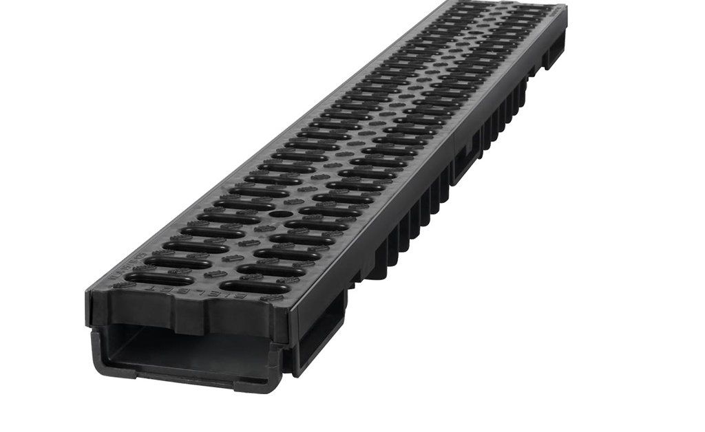 Latakas plastikinis BIELBET, Matmenys 1000 x 130 x 105 mm Su plastikinėmis grotelėmis, juodas Apkrov