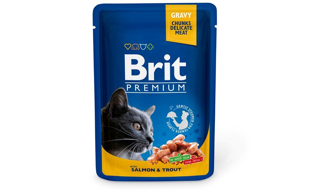 Konservuotas kačių ėdalas BRIT Premium, suaugusioms katėms, su lašisa ir upėtakiu, 100g