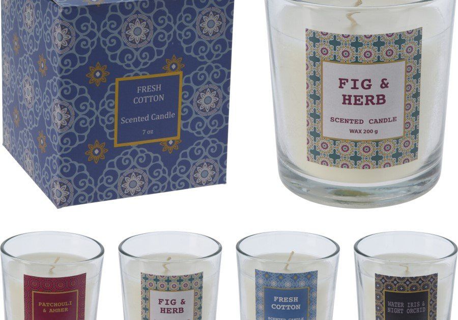 Kvapni žvakė, stikliniame indelyje, 4 skirtingi kvapai, skersmuo 8,2 cm