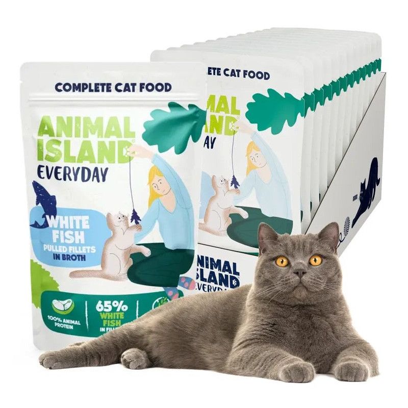 ANIMAL ISLAND Everyday baltos žuvies filė sultinyje - šlapias kačių ėdalas - 12 x 85 g