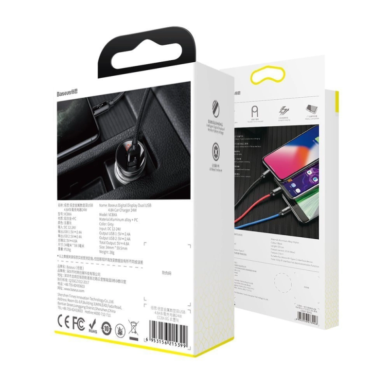 Baseus 2x USB 4.8A 24W automobilinis įkroviklis su LCD + 3in1 laidu USB - USB Type C / micro USB / Lightning 1.2m black