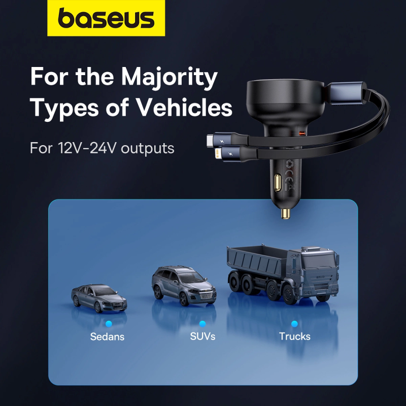 Baseus Enjoyment USB-C automobilinis įkroviklis su USB-C / Lightning 60W laidu - juodas