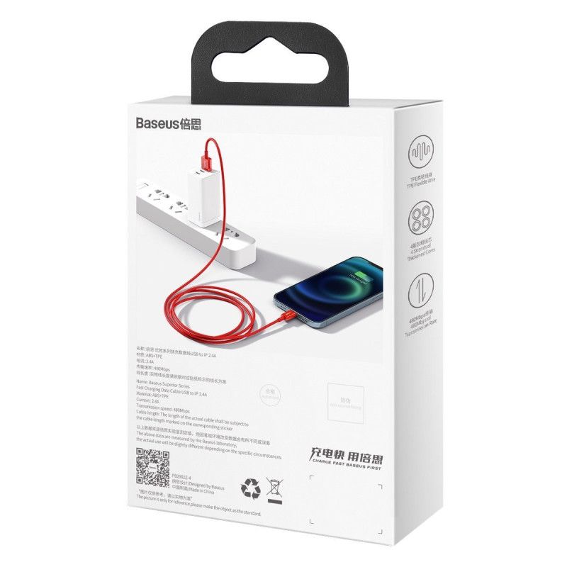 „Baseus Superior“ serijos USB–iP laidas 2.4A 1m (raudonas)