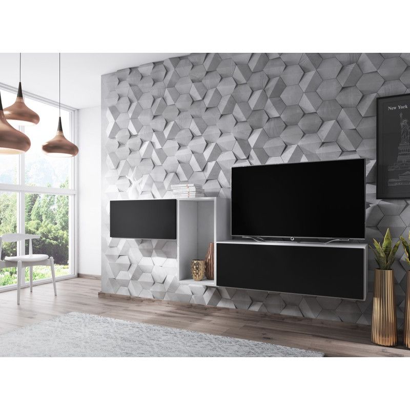 Cama svetainės baldų komplektas ROCO 11 (RO1+RO3+RO4) balta / balta / juoda