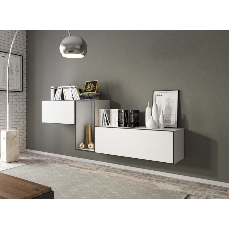 Cama svetainės baldų komplektas ROCO 11 (RO1+RO3+RO4) balta / juoda / balta