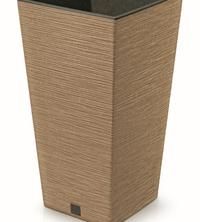 Plastikinis lauko vazonas Furu Square ECO Wood, šviesiai rudos sp., 34,5 x 34,5 x 66 cm.