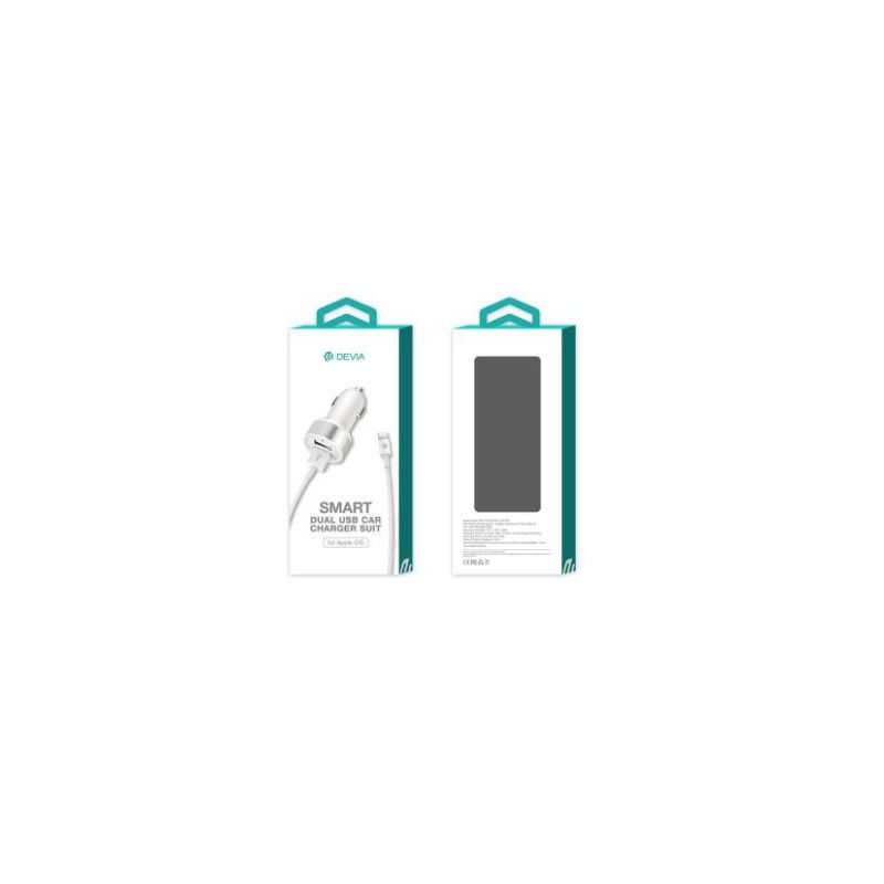 „Devia Smart Series“ dvigubo USB automobilinio įkroviklio komplektas su „Lightning“ laidu (MFi) (2.4A, 2USB), baltas