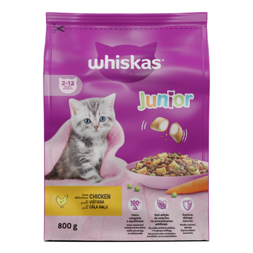 Sausas kačių ėdalas WHISKAS Junior, visavertis pašaras su vištiena, 800 g