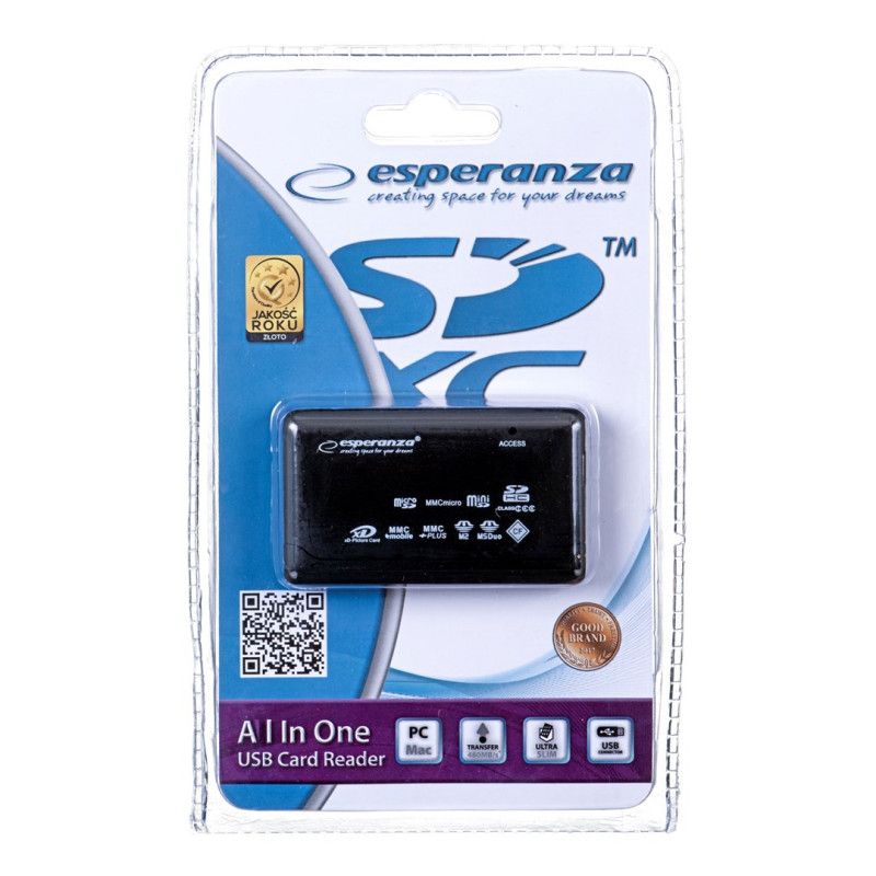 Esperanza EA119 kortelių skaitytuvas, juodas, USB 2.0