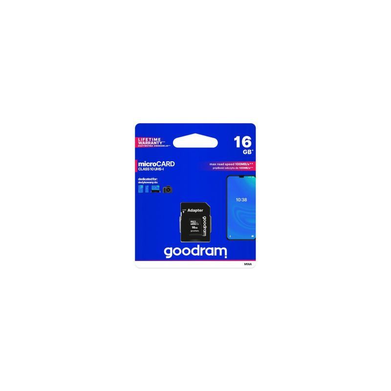 „Goodram“ „Microcard“ 16 GB „micro SD HC UHS-I“ 10 klasės atminties kortelė, SD adapteris (M1AA-0160R12)