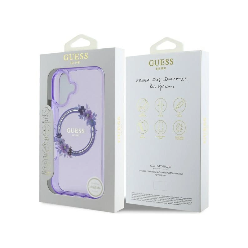 Guess IML Gėlių vainikas MagSafe iPhone 16 dėklas – violetinis