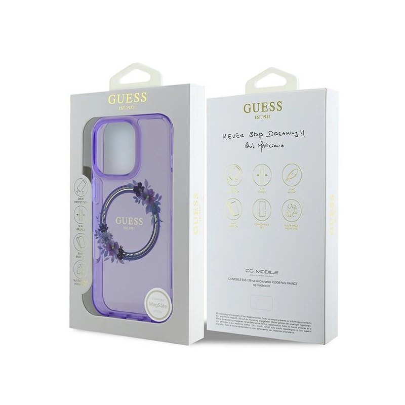 Guess IML Gėlių vainikas MagSafe iPhone 16 Pro dėklas – violetinis
