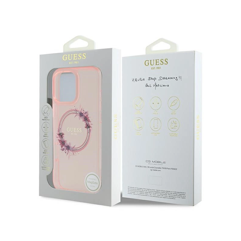 Guess IML Gėlių vainikas MagSafe iPhone 16 Pro Max dėklas – rožinis