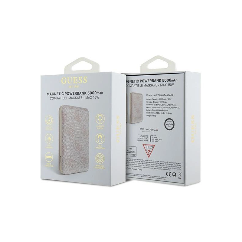 Guess Powerbank indukcinis 15W GUPB5FP4EMGP 5000mAh rožinis / rožinis 4G odinis metalinis logotipas MagSafe