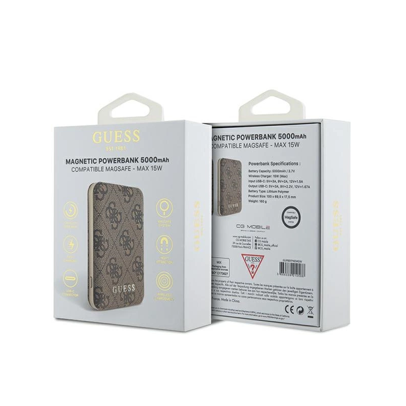 Guess Powerbank indukcinis 15W GUPB5FP4EMGW 5000mAh ruda / ruda 4G odinis metalinis logotipas MagSafe