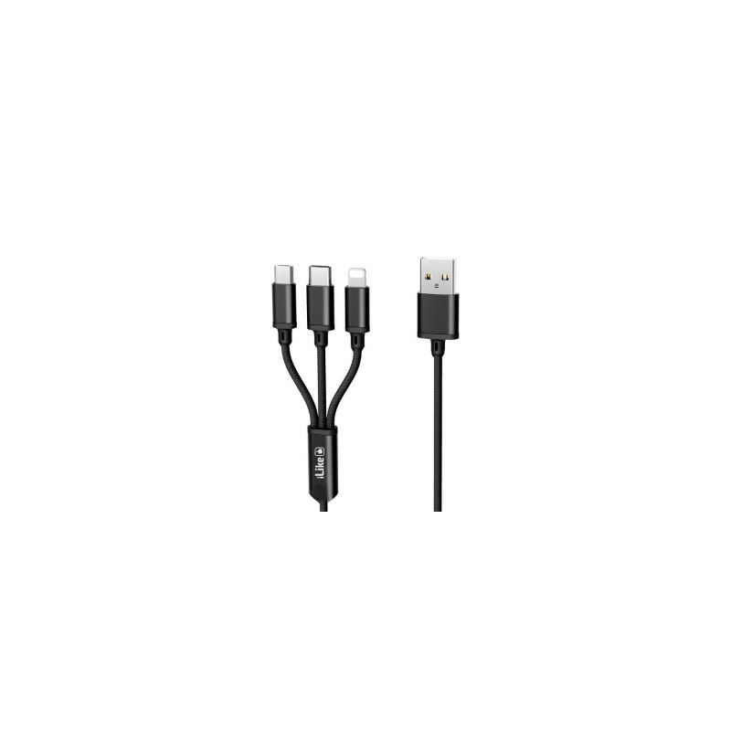 „iLike“ įkrovimo laidas 3 viename, USB, C tipo, „Lightning“, CCI02, juodas