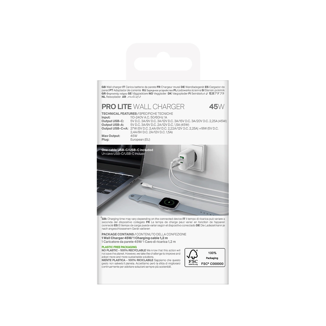 „Puro Daily Prolite“ 45 W USB-C USB-A maitinimo įkroviklis su USB-C laidu – baltas