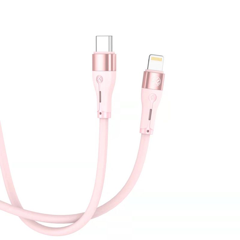 „Tellur“ silikoninis C tipo kabelis su žaibo kabeliu PD30W 1 m, rožinis