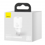 Baseus sieninis įkroviklis Super Si 20W USB-C QC3.0 PD, baltas