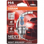 H4 OSRAM NIGHT BREAKER LASER +150% šviesos, +150m švietimo, +20% baltumo halogeninė lemputė