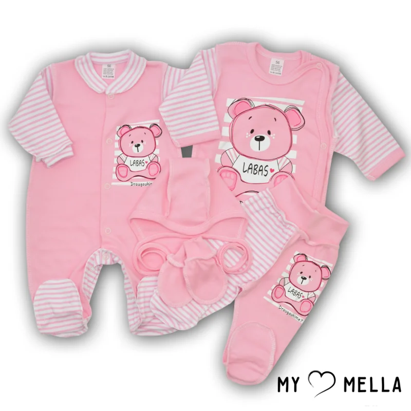 Naujagimio kraitelis penkių dalių "Labas", rožinis, 56-62 cm. : Dydžiai - 56, Spalva - Rožinė