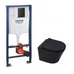 Potinkinis Grohe 3in1 rėmas su juodu mygtuku ir juodu matiniu klozetu SAT INFINITIO Compact Rimless