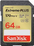 "SanDisk Extreme PLUS" 64GB SDXC atminties kortelė + 2 metų "RescuePRO Deluxe" iki 170MB/s ir 80MB/s skaitymo/rašymo greitis, UHS-I, 10 klasė, U3, V30; EAN:619659189341