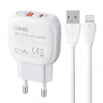 Sieninis įkroviklis LDNIO A2313C USB, USB-C 20W + USB ir "Lightning" kabelis