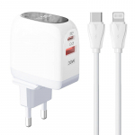 Sieninis įkroviklis LDNIO A2522C USB, USB-C 30W + USB-C - Lightning kabelis