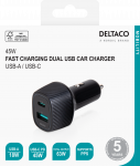 USB automobilinis kroviklis DELTACO 1x USB-A 18 W, 1x USB-C PD 45 W, viso 63 W / USBC-CAR123|USBC-CAR123