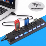 USB šakotuvas su 7 jungtimis ir įjungimo mygtukais