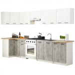 Virtuvės spintelių komplektas OLIWIA, 300 cm, balta/pilka