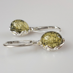 Žali gintariniai auskarai. Sidabriniai auskarai. Dovana Jai.